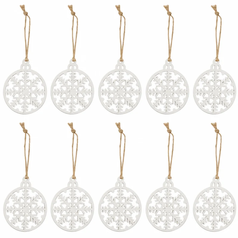 Schneeflocken Anhänger 10er Set aus Holz – Weiß, 8 cm mit Jutekordel