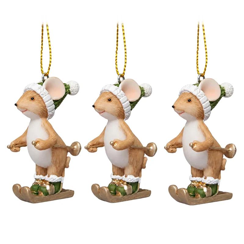 Weihnachtsanhänger Maus auf Skiern 3er Set – Poly, 6 cm in Natur-Grün