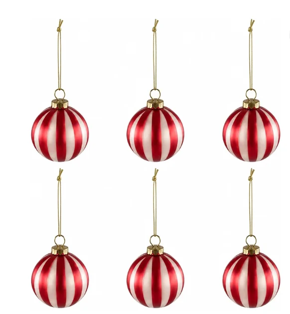 Christbaumkugeln 6er Set aus Glas – Candy Stripe in Rot und Weiß, 6 cm
