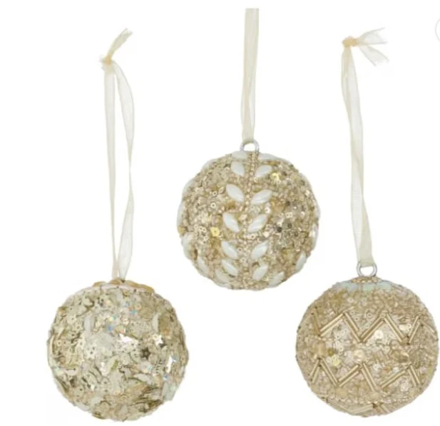 Weihnachtskugeln 3er Set in Gold und Creme – 6 cm mit Pailletten und Perlen