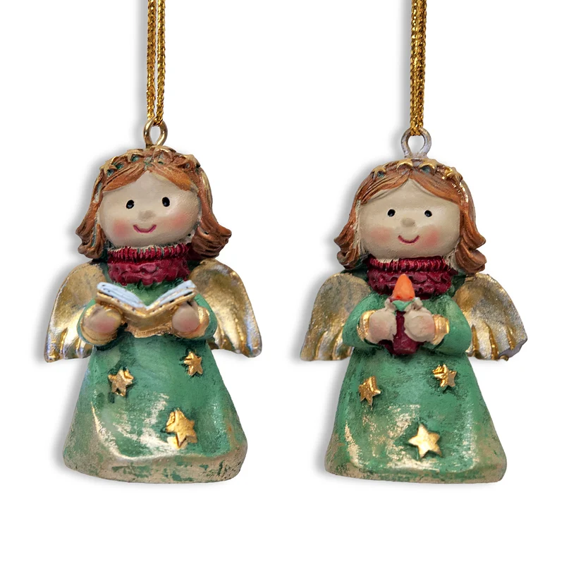 Engel Anhänger 2er Set aus Polyresin – Grün und Gold, je 5 cm
