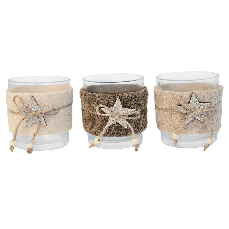 Teelichthalter 3er Set aus Glas mit Filz und Holzstern – 7,3 x 8 cm