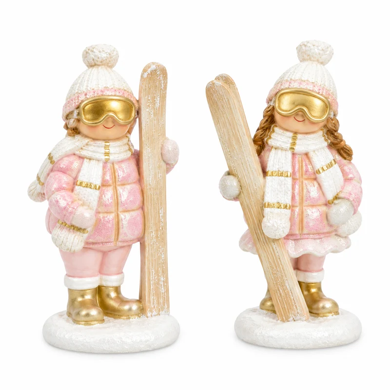 Winterfiguren 2er Set – Mädchen mit Ski aus Polyresin, 11 cm in Rosa