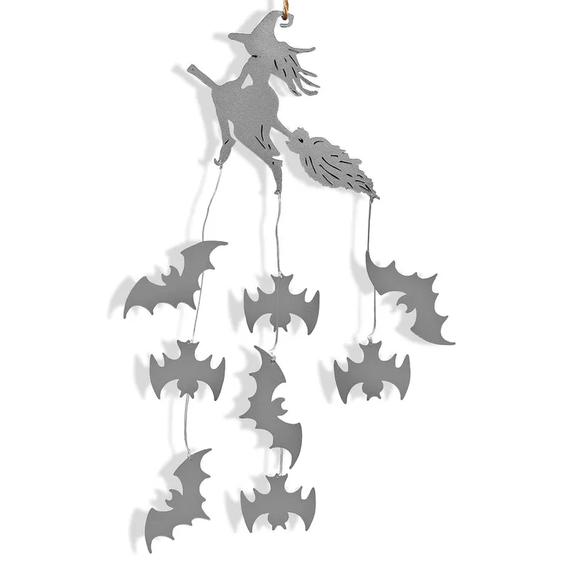 Halloween Hängedeko Hexe mit Fledermäusen – Metall, 55 cm in Schwarz