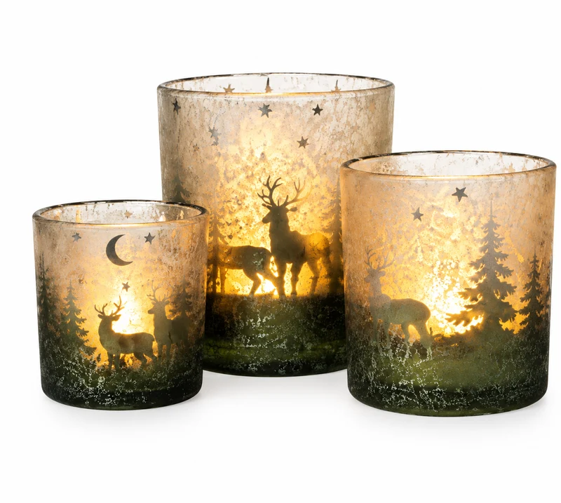 Windlichter 3er Set aus Glas – Winterwald mit Hirsch in Grün und Silber