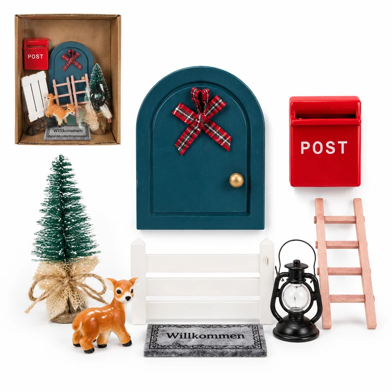 Wichteltür 8 teilig Set aus Sperrholz – 6 x 8 cm mit Briefkasten und Leiter