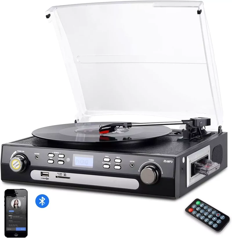 Bluetooth Plattenspieler Turntable mit Stereo-Lautsprecher Vinyl-zu-MP3-Aufnahme