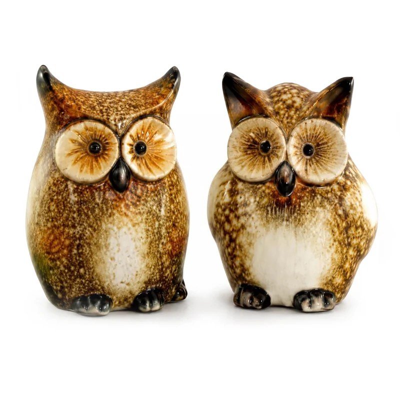 Eulen 2er-Set Keramik braun grün ca. 8 cm - Herbstdeko & Tierfigur