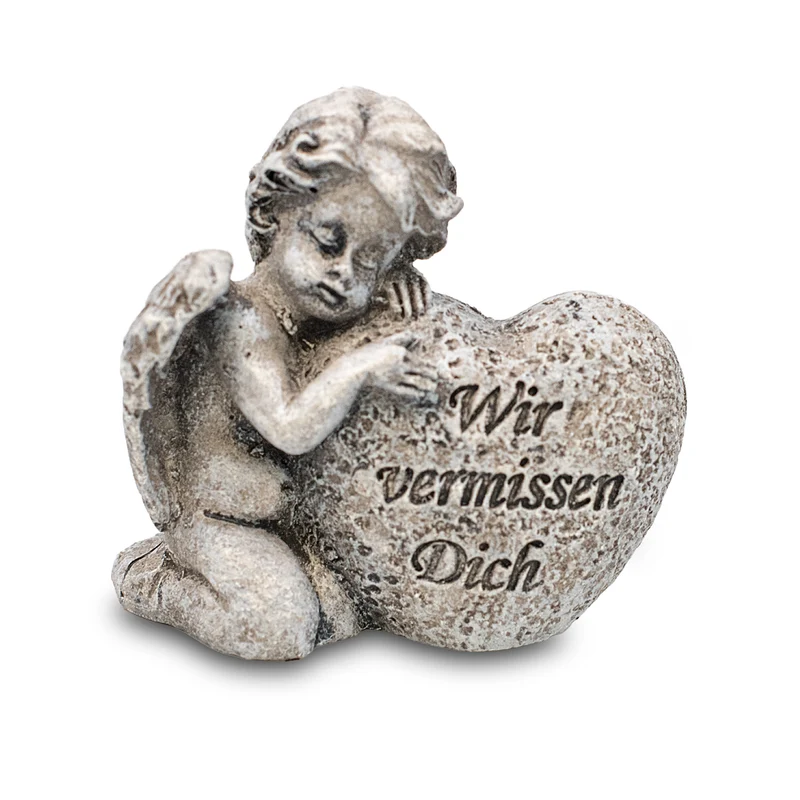 Grabengel mit Herz Wir vermissen Dich Polyresin Grau ca. 6 cm Grabdeko