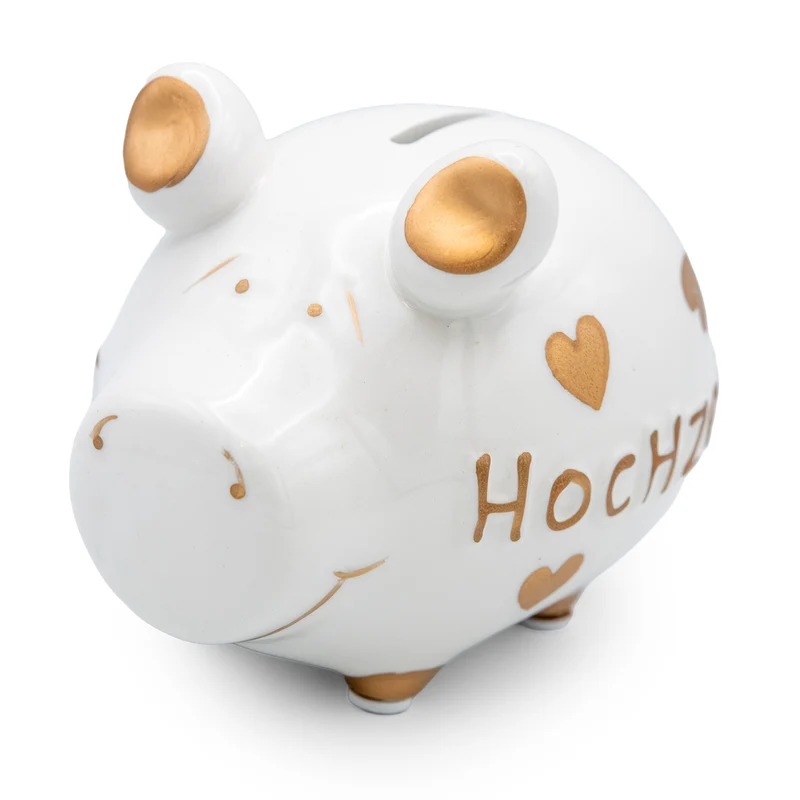 Sparschwein Hochzeit Keramik Weiß Gold 12,5 cm Spardose Geldgeschenk
