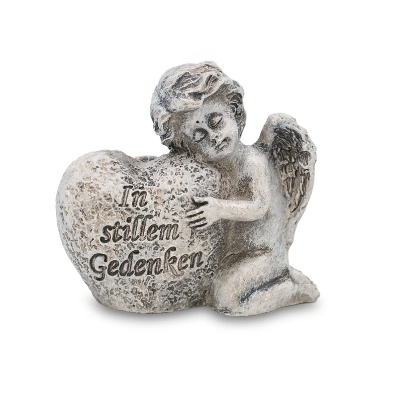 Grabengel mit Herz In stillem Gedenken Polyresin Grau ca. 6 cm Grabdeko