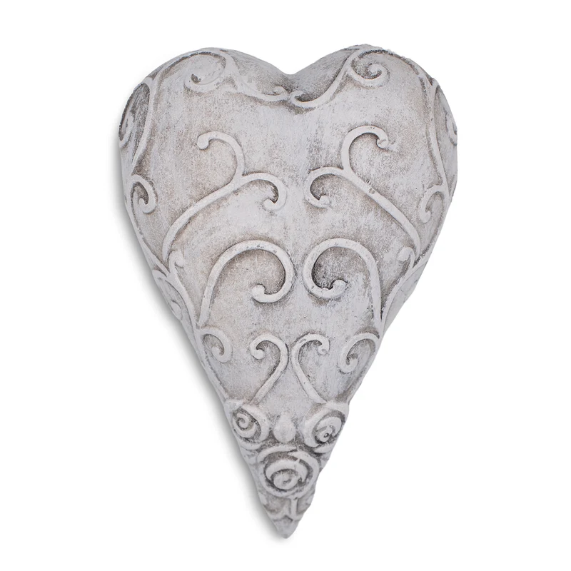 Grabherz mit Verzierungen Antik Grau Polyresin ca. 16 cm Grabdeko Deko-Herz