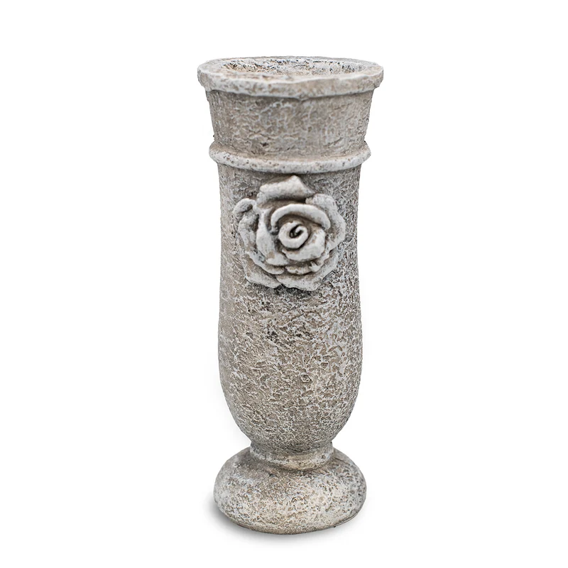 Grabvase mit Rose Antik Grau Polyresin ca. 17 cm Grabdeko Blumenvase