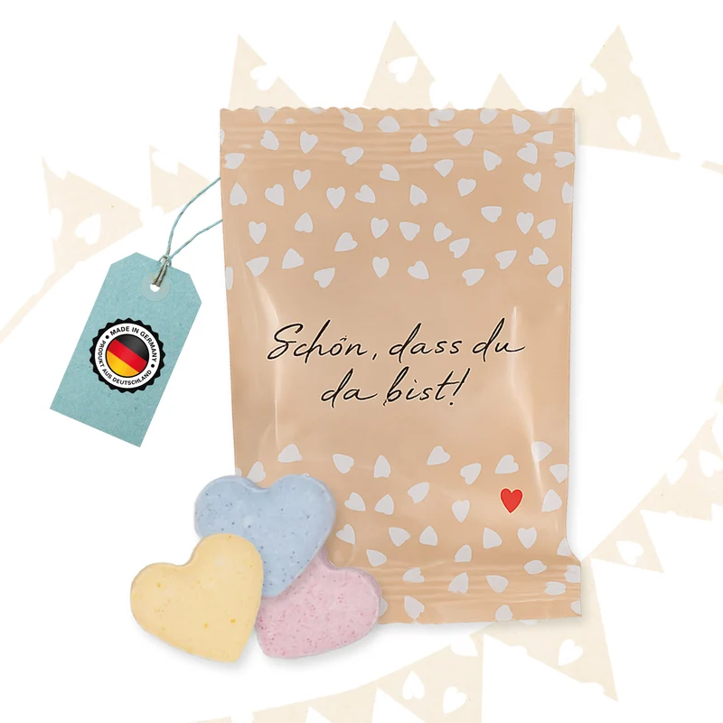 10 Tütchen Traubenzucker-Herzen Schön, dass du da bist – Gastgeschenk glutenfrei