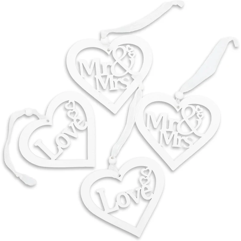 Holz Herz Anhänger 4er Set weiß Ø 8 cm Schriftzug Love filigrane Hochzeitsdeko zum Aufhängen Gastgeschenk
