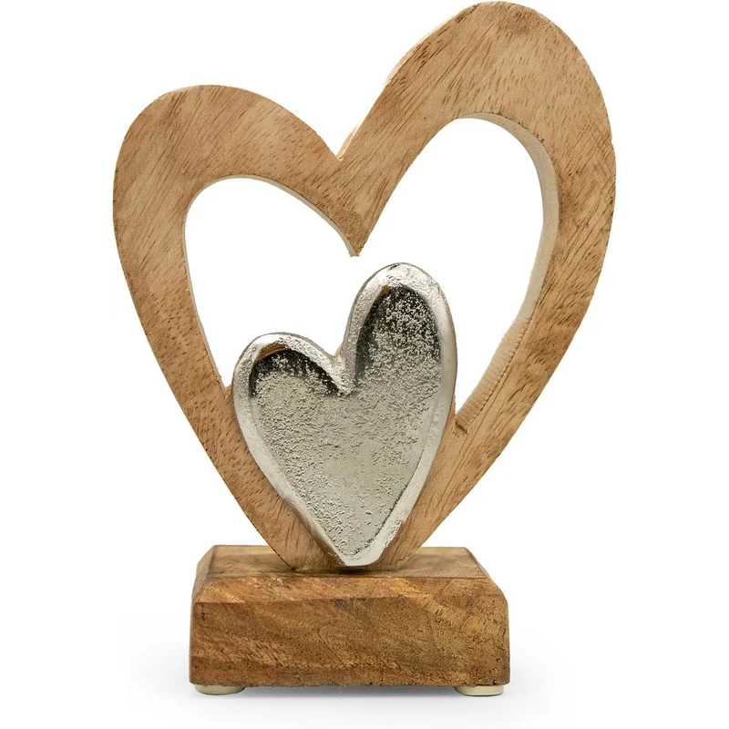 Herz-Aufsteller aus Mangoholz & Metall in Silber & Natur