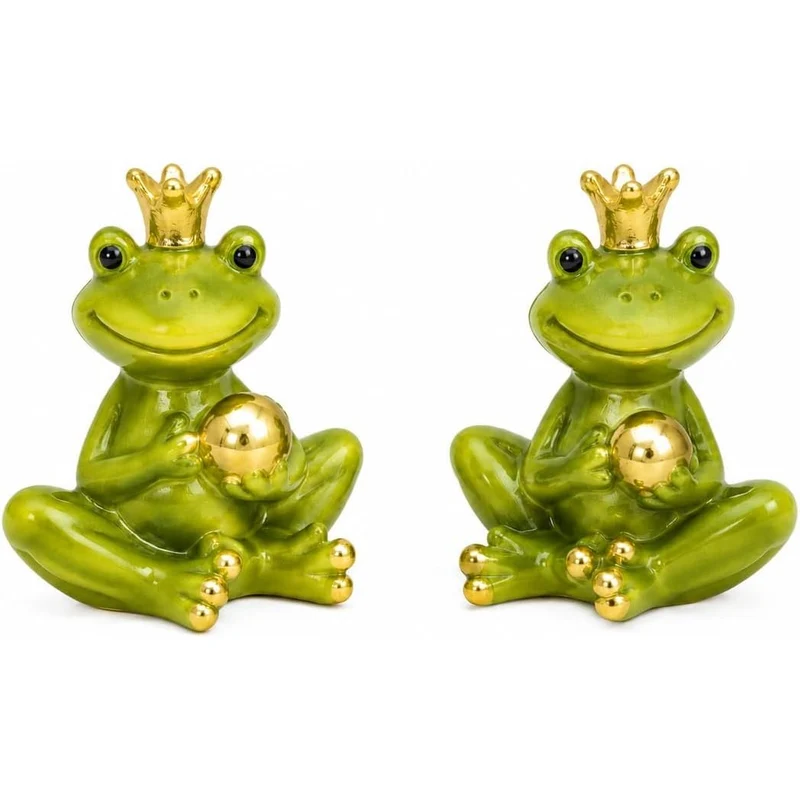 Froschkönig-Figur aus Keramik mit goldener Kugel 2er-Set in Grün