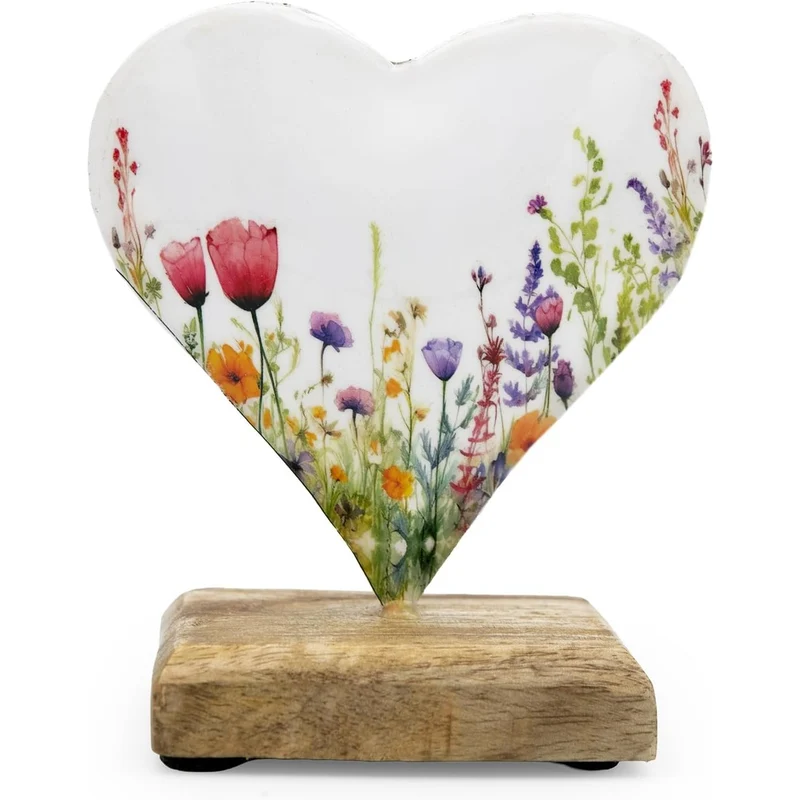 Herz-Aufsteller aus Metall & Mangoholz mit Blumenmotiv Bunt