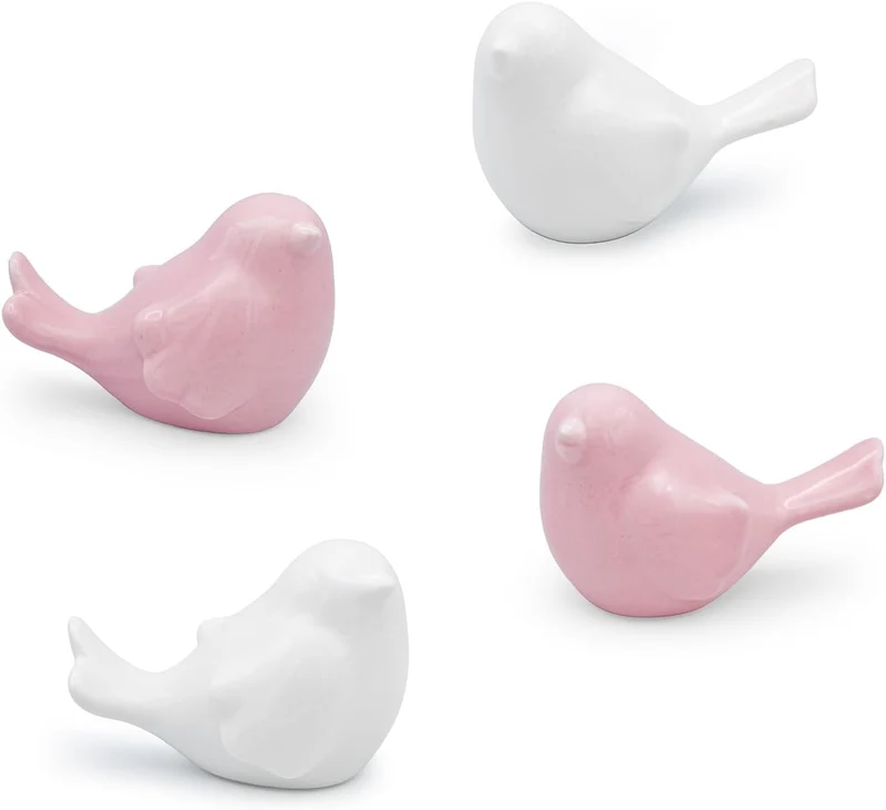 Deko-Vögel aus Keramik 4er-Set sortiert in Weiß & Rosa