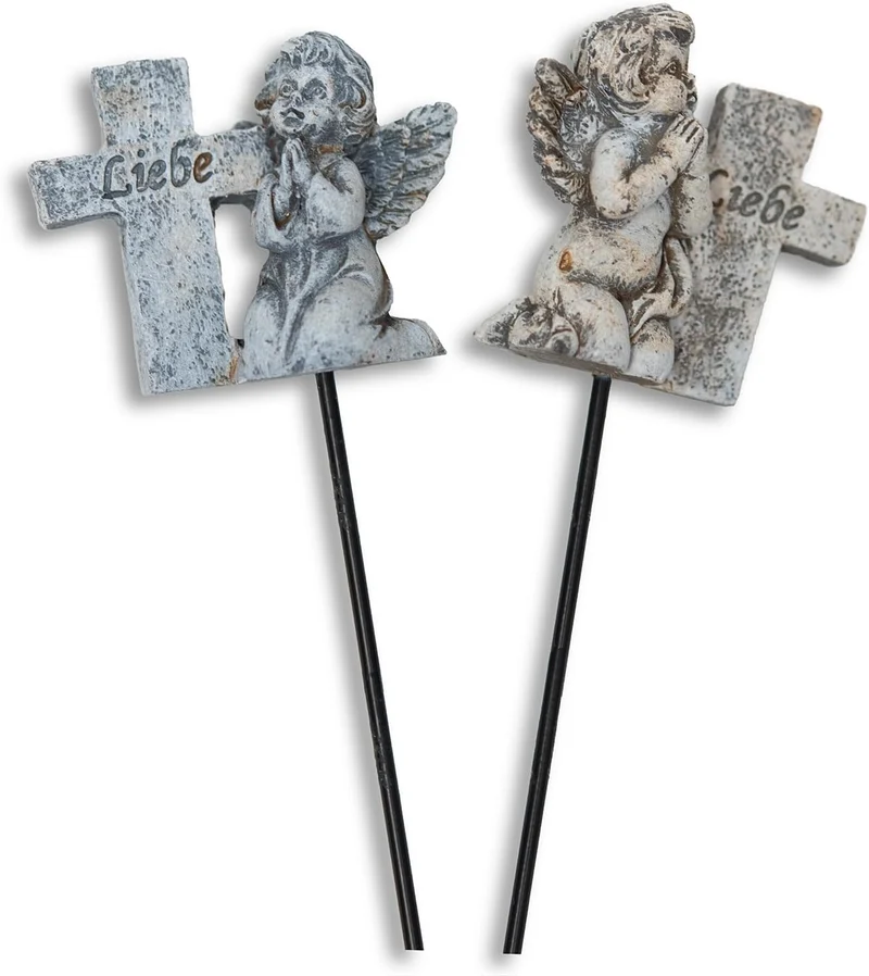 Trauer-Stecker Engel mit Kreuz aus Polyresin 2er-Set in Grau-Antik