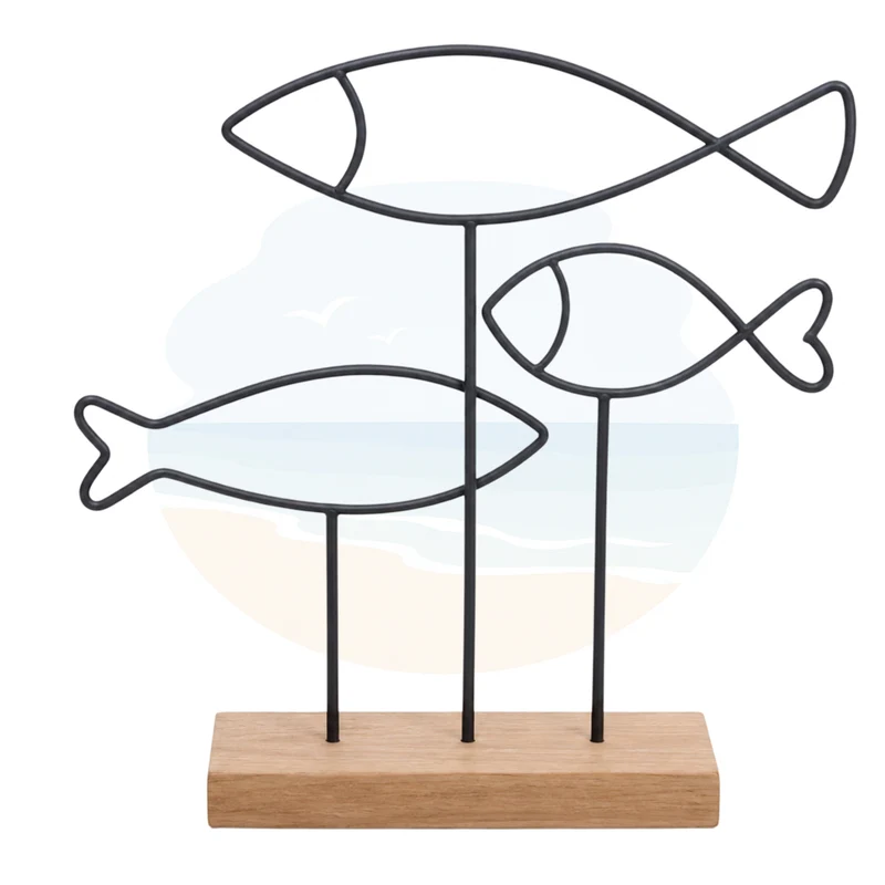 Maritime Fisch-Skulptur 19 x 5 x 20 cm aus Eisen und Bambus – Deko-Figur Drahtfische