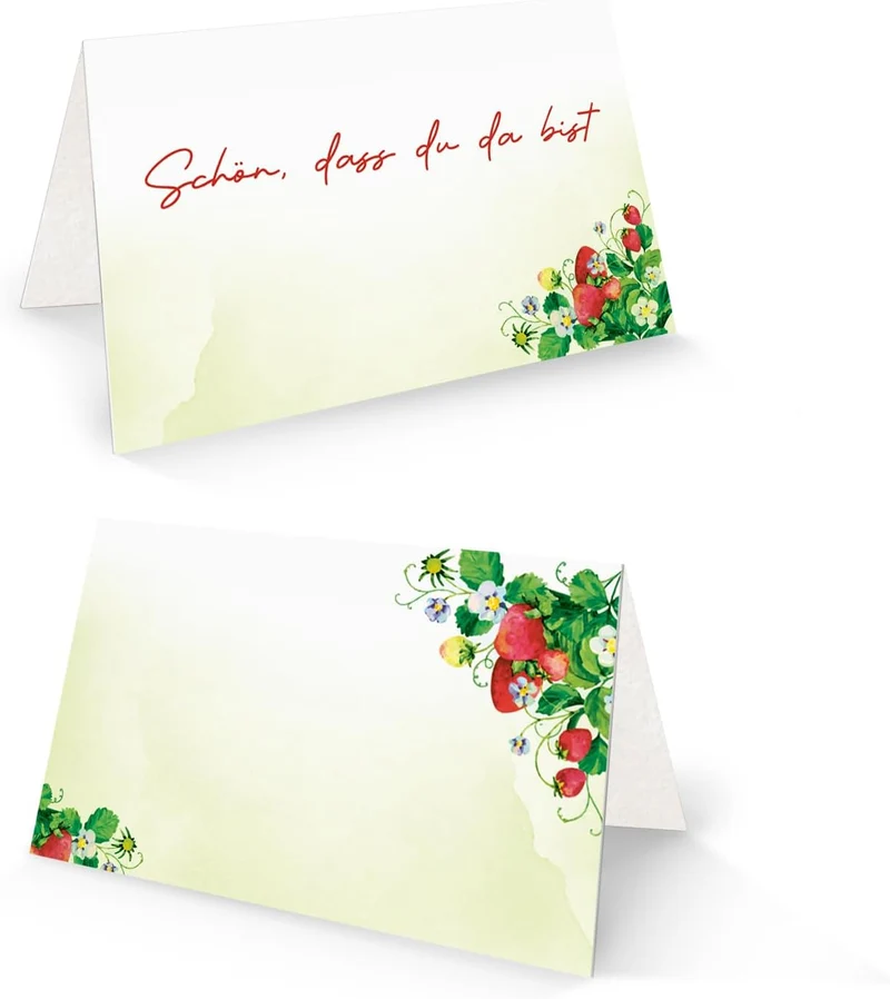 25 Tischkarten Erdbeere „Schön, dass du da bist“ 17 x 5,5 cm – Klappkarten Aquarell