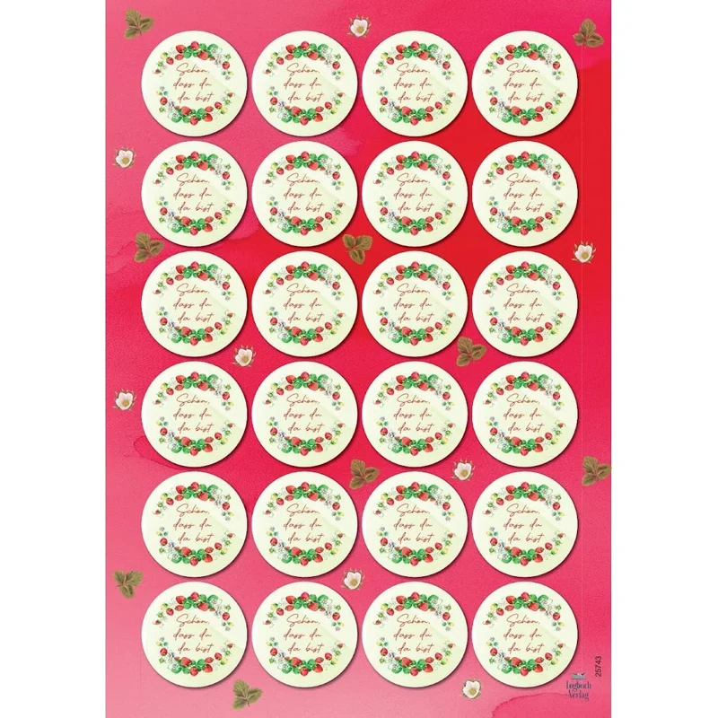 24 Aufkleber Erdbeere „Schön, dass du da bist“ rund Ø 4 cm – Sticker-Bogen DIN A4