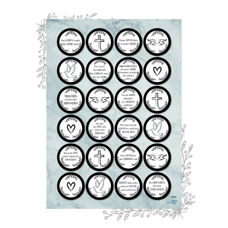 24 Aufkleber Trauer rund Ø 4 cm – Sticker-Bogen schwarz-weiß mit Trauersprüchen