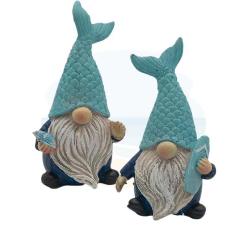 2er Set Wichtel Maritim mit Fischschwanz-Mütze 5,5 × 4,5 × 10,5 cm aus Polyresin blau weiß – Maritime Deko Gnome