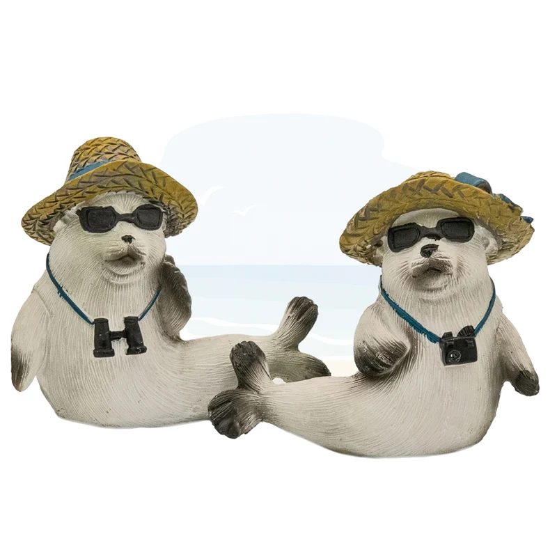2er Set Seehund Figuren mit Strohhut und Sonnenbrille 8,5 × 3,5 × 8 cm aus Polyresin grau matt – Maritime Deko Robben