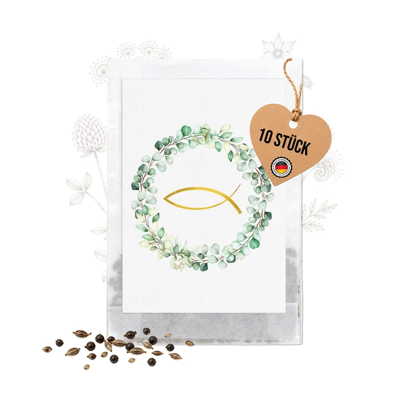 Samentütchen Eukalyptus mit Fisch in Gold 10er Set für Kommunion