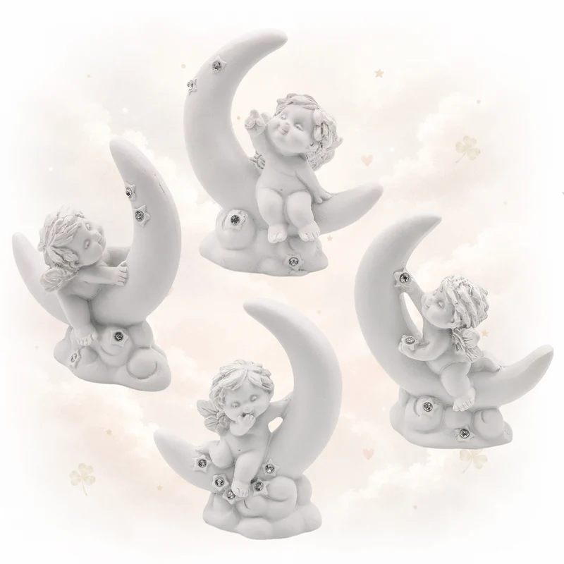 Poly-Engel Igor auf Mond 4er Set weiß-glitzer 8,5 cm