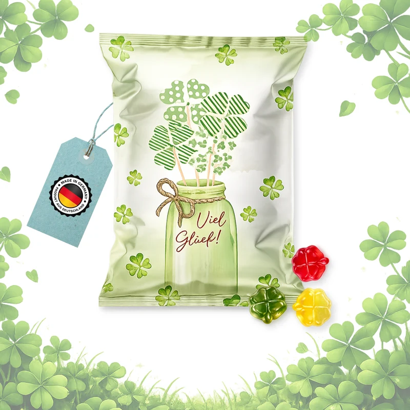 Mini-Gummibärchen Kleeblatt 25er Set – Fruchtgummi Glücksbringer, je ca. 11 g, Tütchen 7 × 9 cm