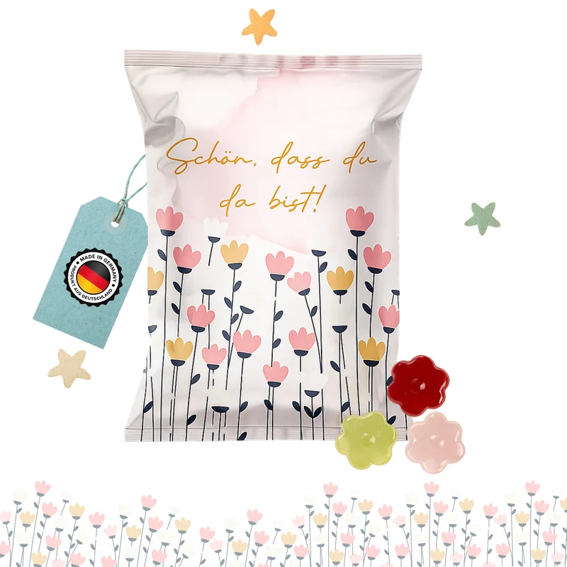 25 Fruchtgummi Tütchen Blumen – Schön, dass du da bist Give-away für Gäste