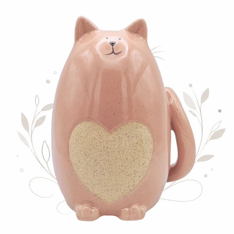 Spardose Katze Keramik 17 cm in Creme-Rosé mit Herzdetail