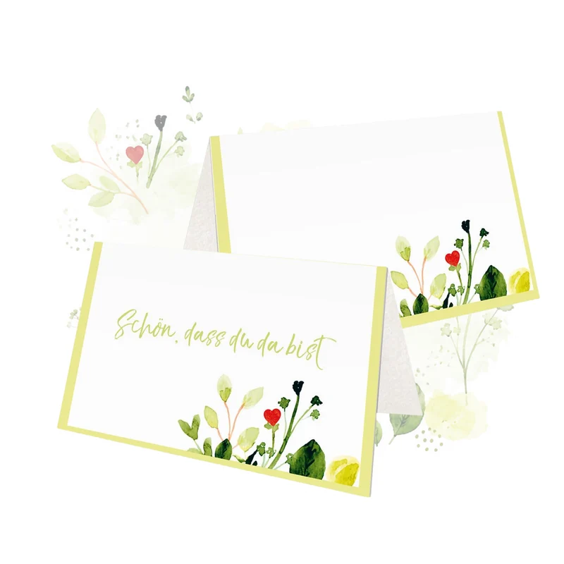 Tischkarten 25er-Set floral, beschreibbar, 8,5 x 5,5 cm – „Schön, dass du da bist“ für Hochzeit, Taufe & Geburtstag