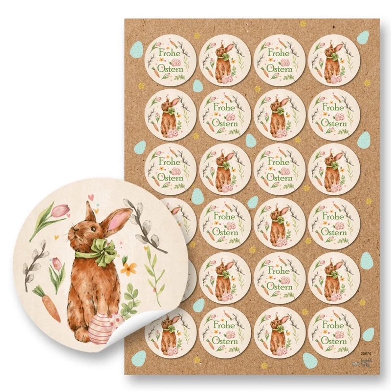 Oster Aufkleber Hase rund 4 cm - 24 Stück Sticker Frohe Ostern Geschenkaufkleber für Osternest Geschenke Briefe Basteln Frühling Vintage Osterhase - Logbuch-Verlag