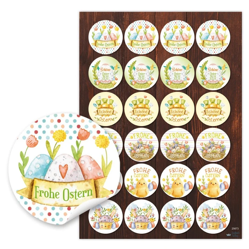 Oster Aufkleber Set rund 4 cm - 24 Stück Sticker Frohe Ostern Schöne Ostern Geschenkaufkleber für Osternest Geschenke Basteln Frühling - Logbuch-Verlag