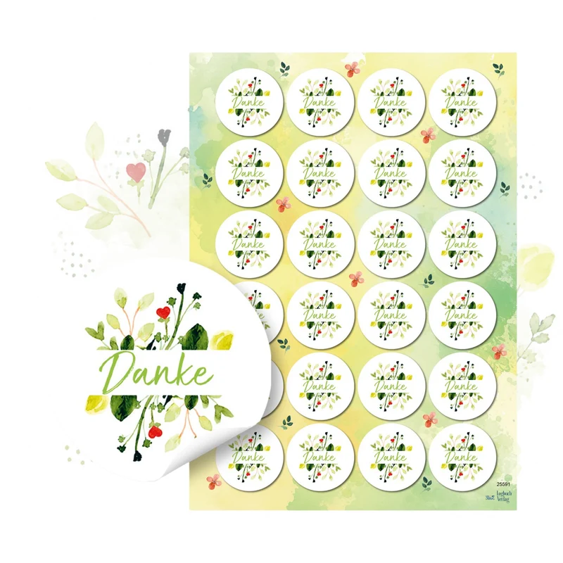 Danke Sticker Set 24 Stück Blumenmotiv rund Ø 4 cm Aufkleber für Dankesgeschenke Karten und DIY