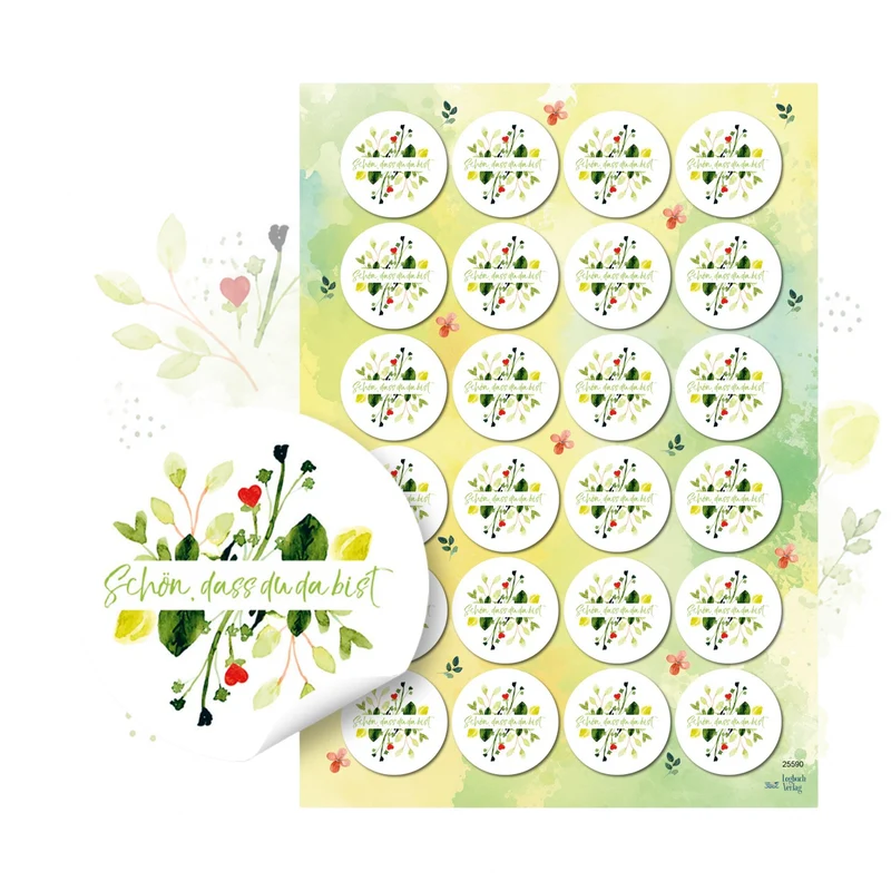 Sticker Set 24 Stück Schön dass du da bist Blumenmotiv rund Ø 4 cm Aufkleber für Karten Geschenke und DIY