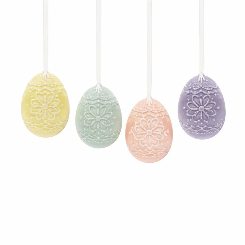 Porzellan Ostereier Hänger 4er Set Pastell 6 cm - Osterdeko Eier zum Aufhängen für Osterstrauch, Zweige oder Fenster - Frühlingsdeko - Logbuch-Verlag