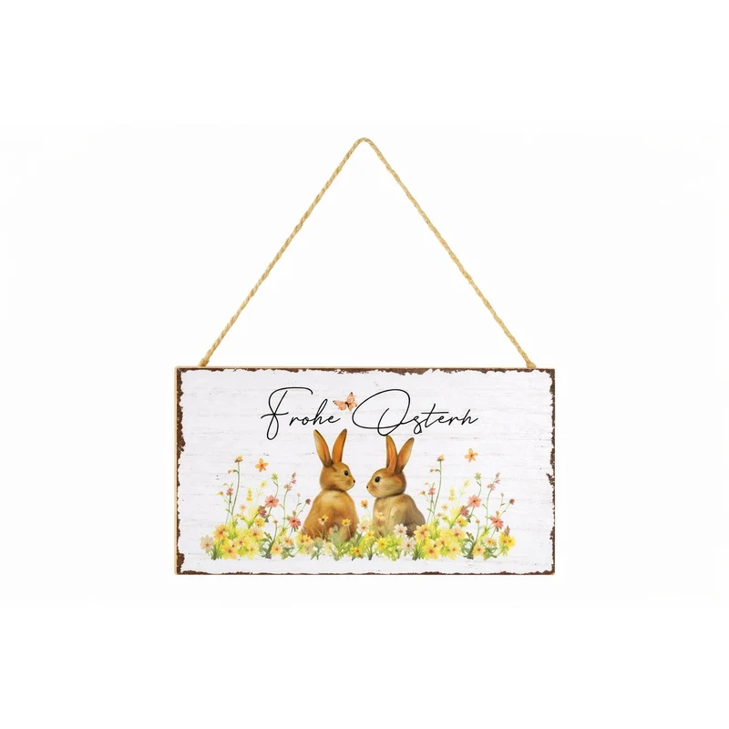 Holz-Anhänger Osterhase Frohe Ostern Osterdeko zum Aufhängen für Tür & Wand mit Hasen Motiv 20x11,5 cm - Osterdekoration Frühlingsdeko - Logbuch-Verlag