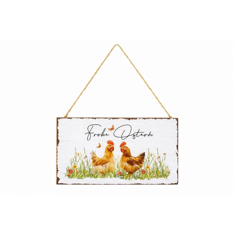 Holz-Anhänger Frohe Ostern Osterdeko zum Aufhängen für Tür & Wand mit Hühner Motiv 20x11,5 cm - Osterdekoration Frühlingsdeko - Logbuch-Verlag