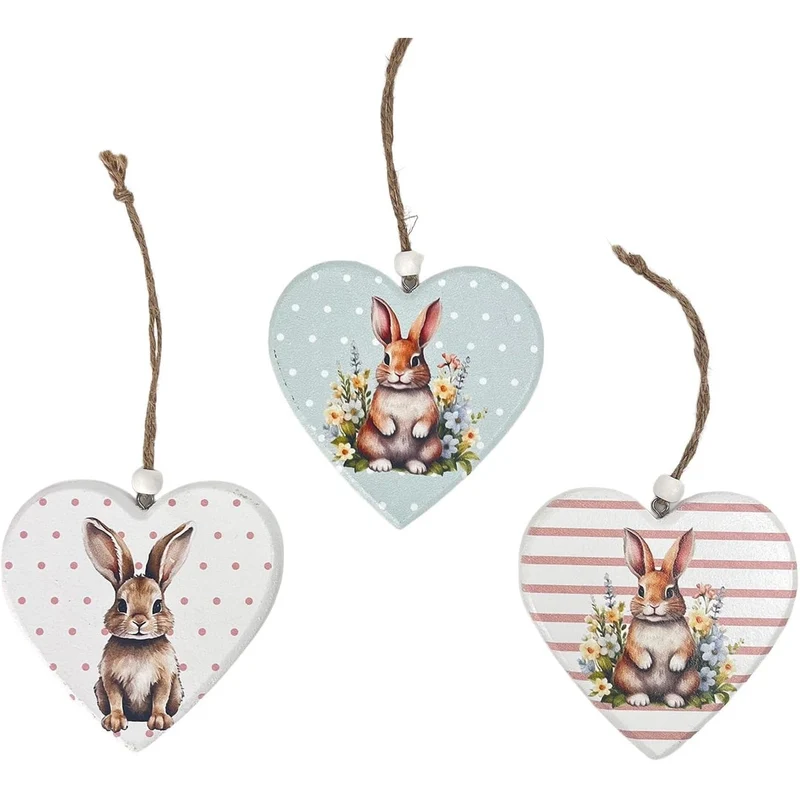 Holzherzen mit Hasen-Aufdruck 3er-Set 10 cm zum Hängen Osterdeko Frühlingsdeko Anhänger aus Holz - Logbuch-Verlag