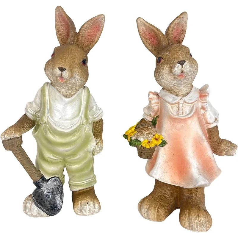 Logbuch-Verlag Osterhasen stehend 2er-Set mit Schippe und Blumen 21,5 cm Frühlingsdeko Ostern Figuren Landhausstil