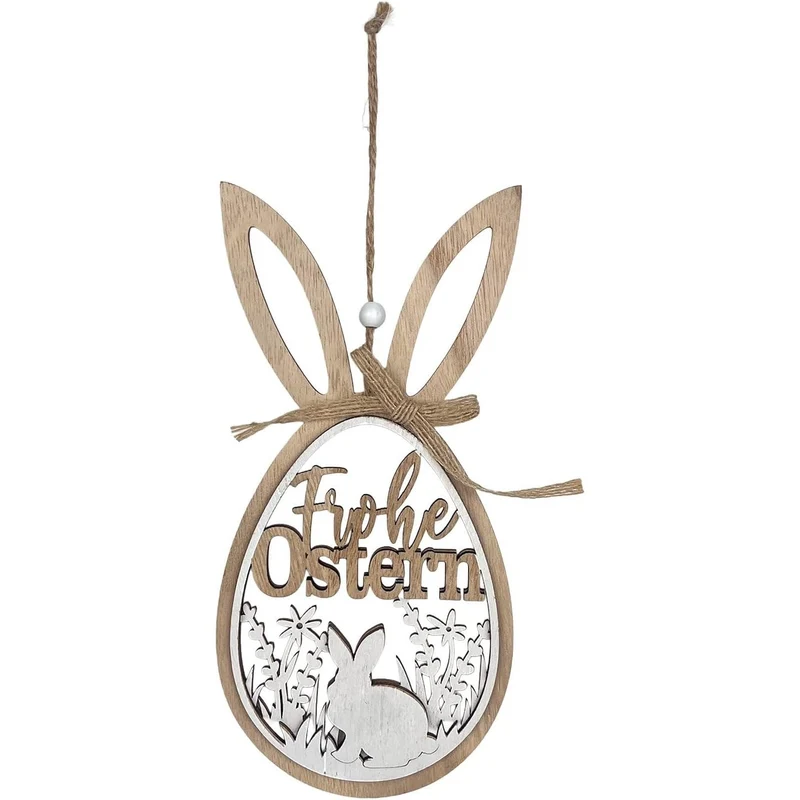 Holz-Osterhasen-Ei Frohe Ostern zum Hängen 22 cm Osterdeko Anhänger aus Holz mit Schriftzug - Logbuch-Verlag