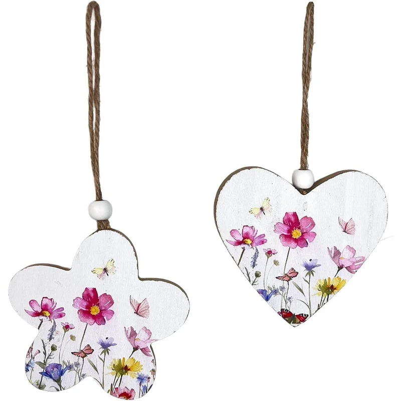 Holz-Herzen 2er-Set Blumenwiese zum Hängen – ca. 8 cm – weiß-bunt bemalt – Frühlingsdeko aus Holz für Fenster & Zweige – Logbuch-Verlag