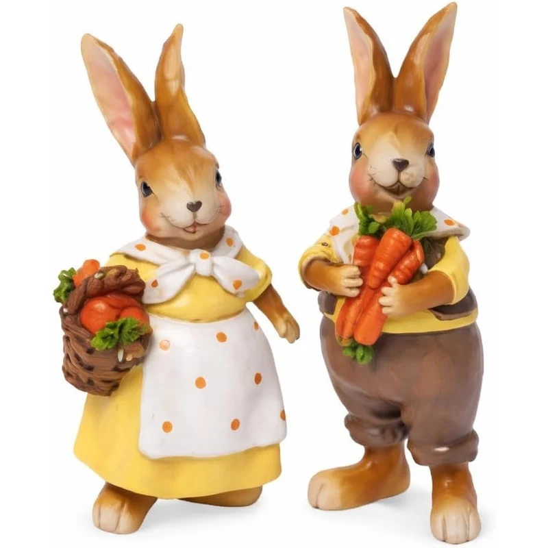 Logbuch-Verlag 2er Set Osterhasen sitzend mit Karotten – Dekofiguren 13 cm aus Polyresin – Frühlingsdeko in Braun Orange Weiß – Osterdeko zum Hinstellen