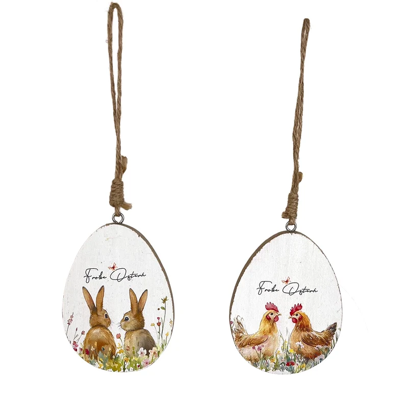 Holz-Eier 2er-Set „Frohe Ostern“ zum Hängen – je ca. 9 x 6,5 cm – weiß coloriert, Sortiert – Osterdeko für Zweige & Fenster – Logbuch-Verlag
