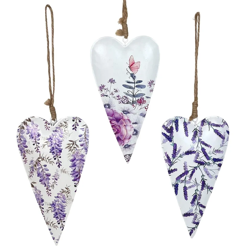 Metall-Herzen 3er Set floral mit Lavendel, weiß-violett-pink, je ca. 18 x 9,5 cm, Sommerdeko zum Hängen